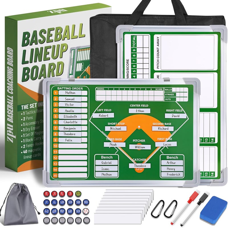ZPU Magnetic Baseball Lineup Board for Dugout, Baseball/Softball Clipboard for Coaches, Baseball Coaching Board with Dry Erase, Marker pens, Lineup Cards, Magnets & Storage Bag - Image 1